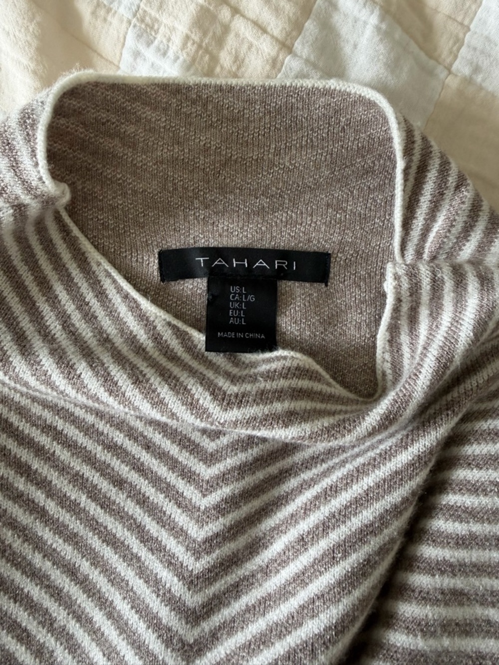 Tahari Taupe & Cream Striped Cowl Neck Sweater